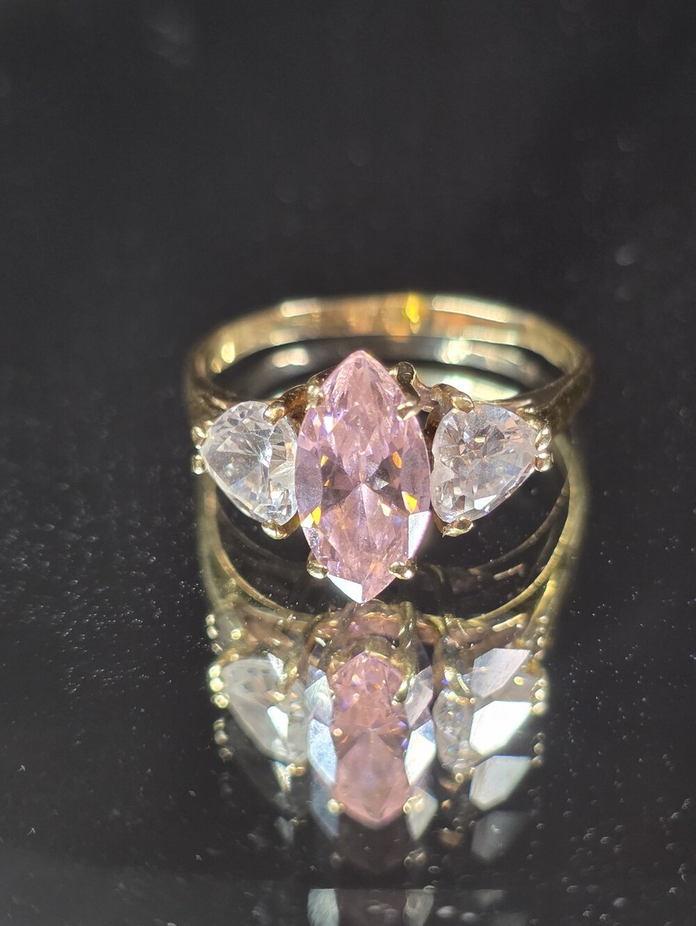 Marquise Cut 10k Pink Stone Fantasy Ring - Picture 6 of 8